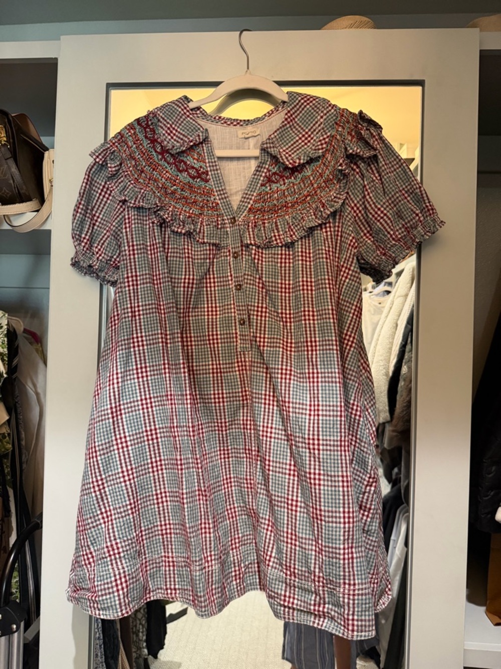 Pilcro Red, Blue and White Checked Ruffle Blouse